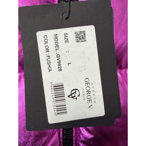 NEW Avenue George V Paris Puffer Jacket Hooded Fur Rhinestone Pink LARGE $650 - Picture 5 of 9